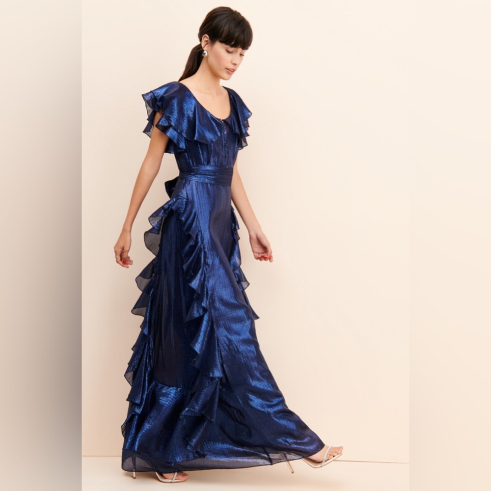 Alice McCall Night Moved Metallic Sheer Ruffle Maxi‎ Dress Blue Size 8